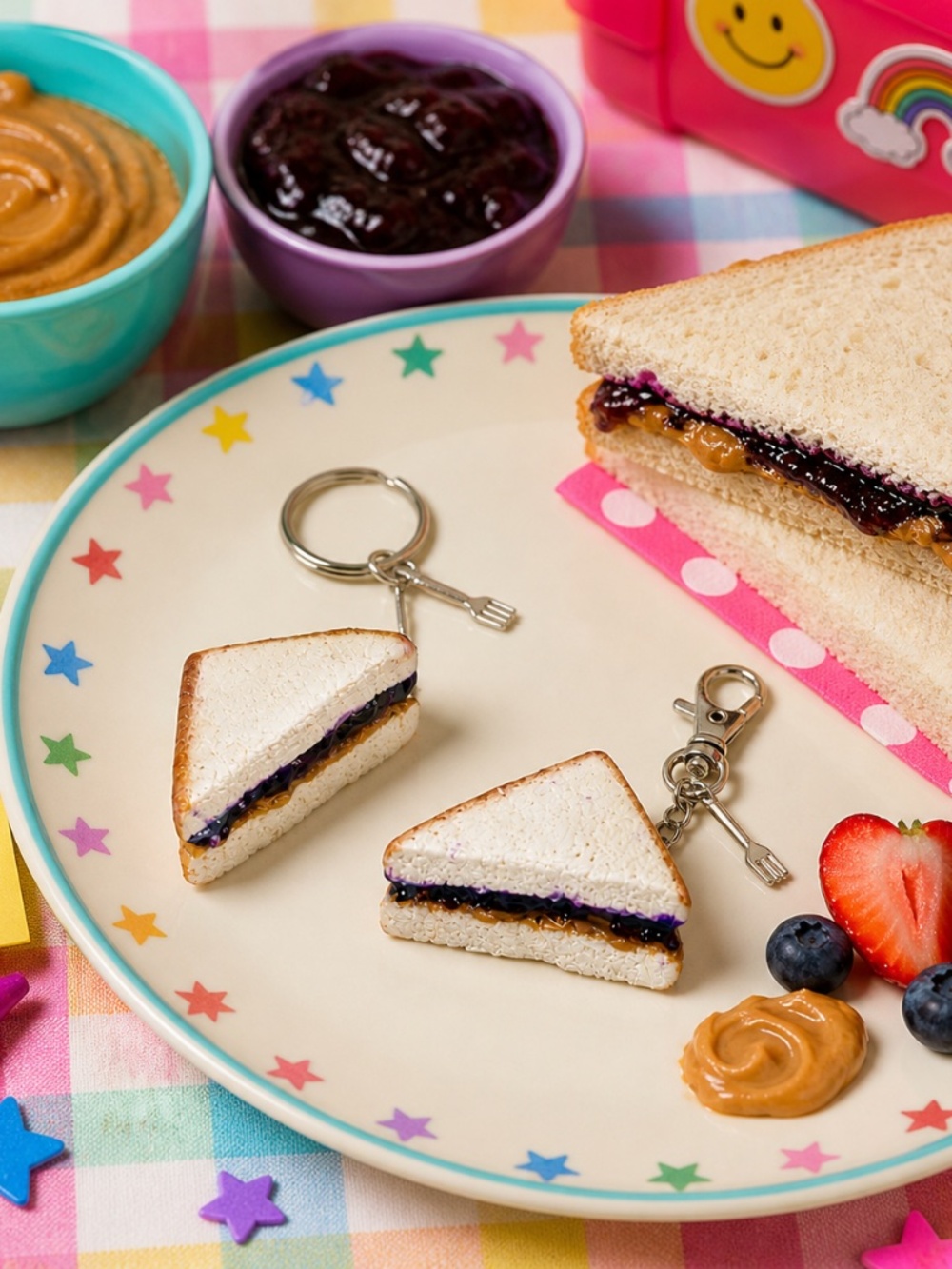 PB&J Sandwich Keychain or Bag Clip, Peanut Butter Jelly Charm, Mini Food